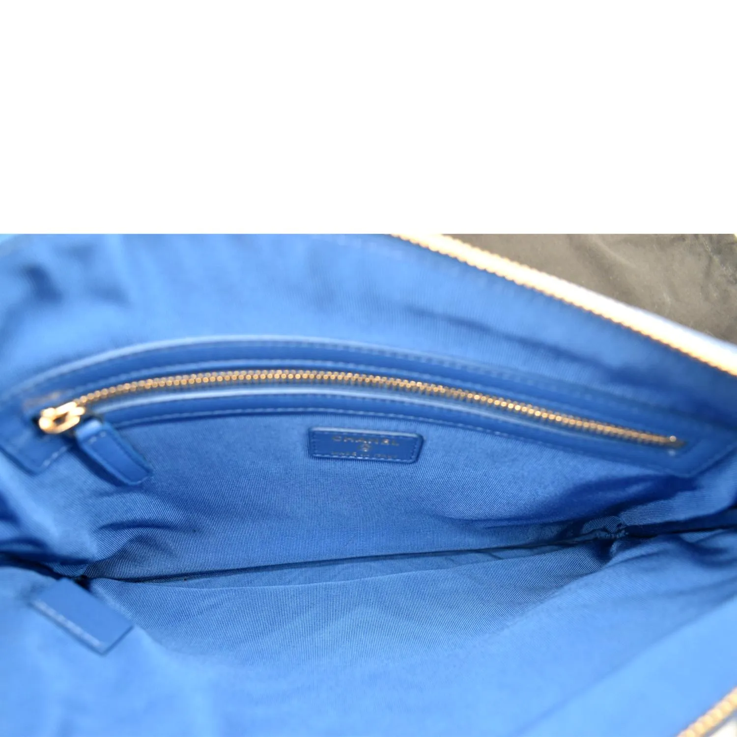 CHANEL O Case Chevron Leather Clutch Bag Blue