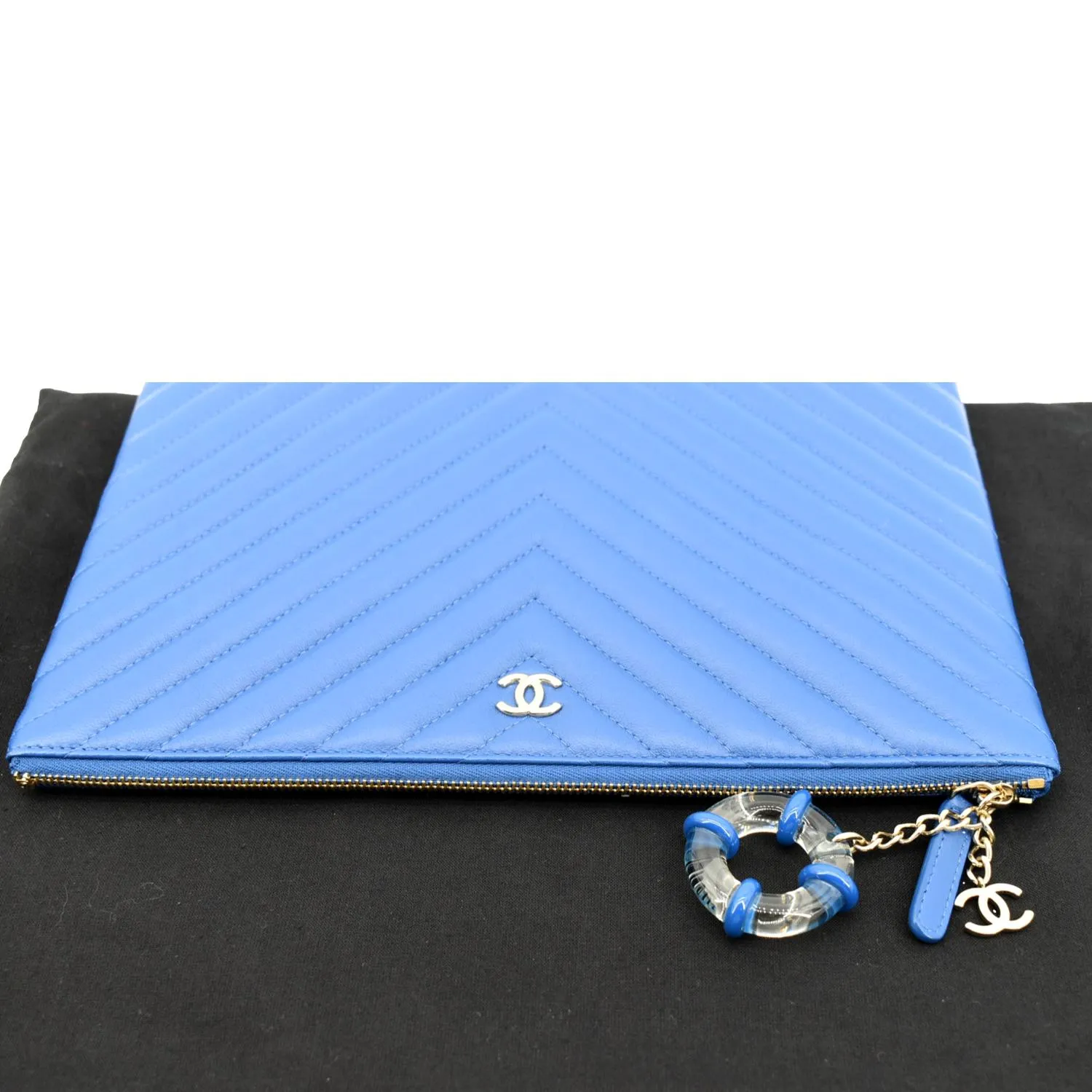 CHANEL O Case Chevron Leather Clutch Bag Blue