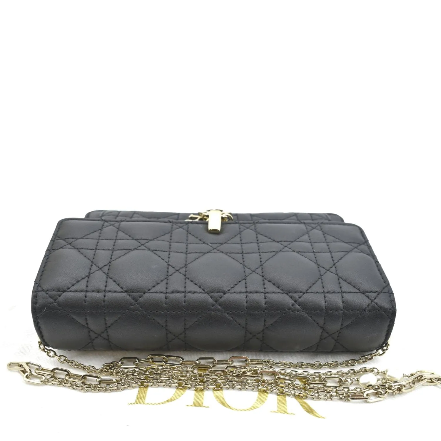 CHRISTIAN DIOR Lady Dior Leather Shoulder Chain Wallet Black
