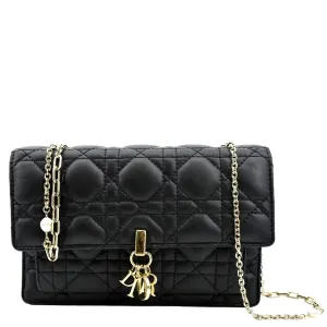 CHRISTIAN DIOR Lady Dior Leather Shoulder Chain Wallet Black
