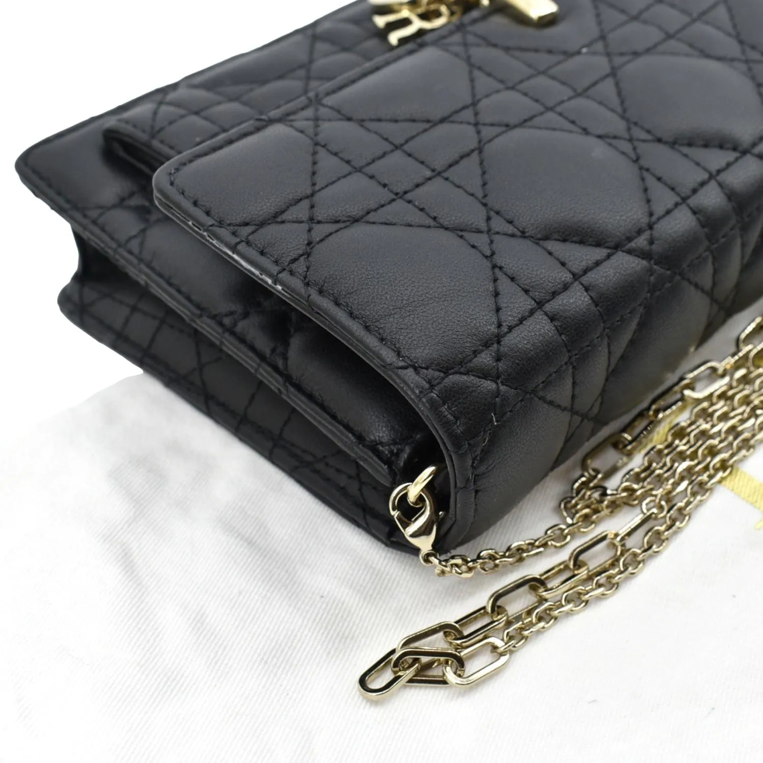 CHRISTIAN DIOR Lady Dior Leather Shoulder Chain Wallet Black