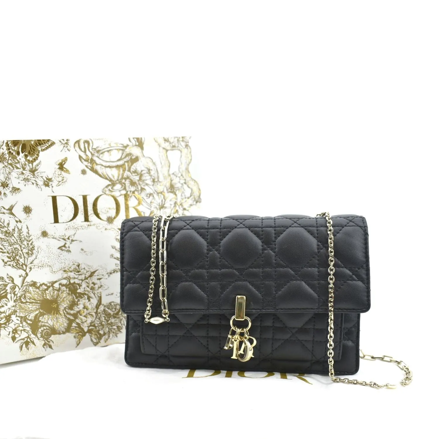 CHRISTIAN DIOR Lady Dior Leather Shoulder Chain Wallet Black