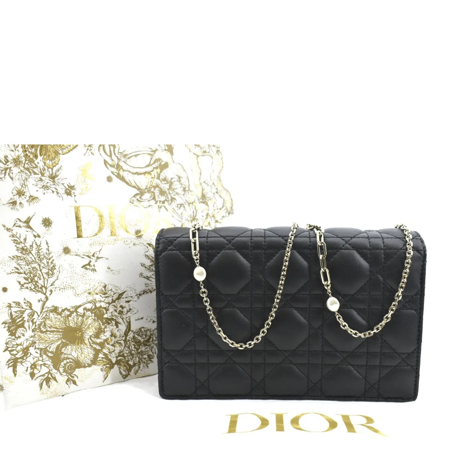 CHRISTIAN DIOR Lady Dior Leather Shoulder Chain Wallet Black