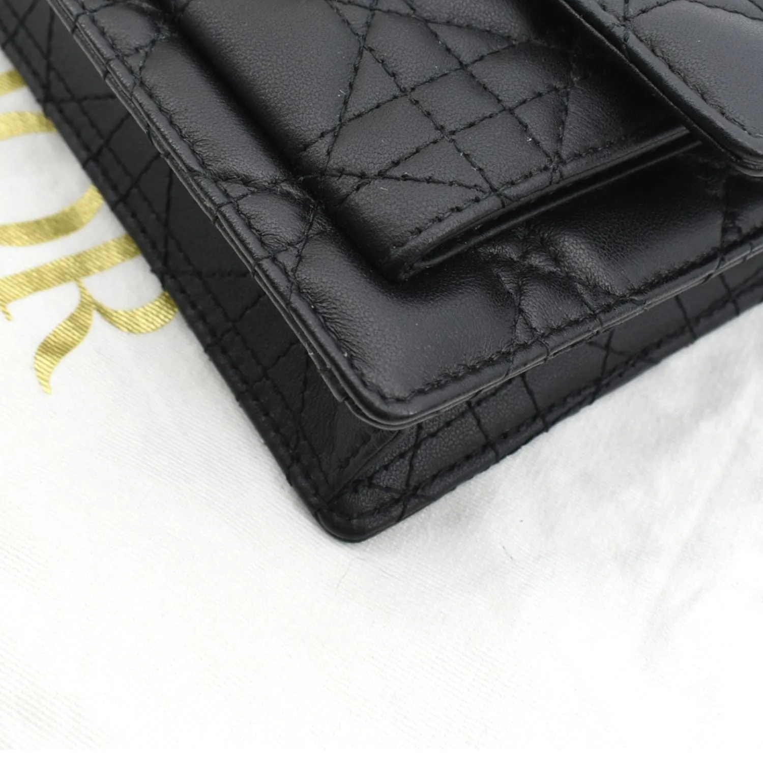 CHRISTIAN DIOR Lady Dior Leather Shoulder Chain Wallet Black
