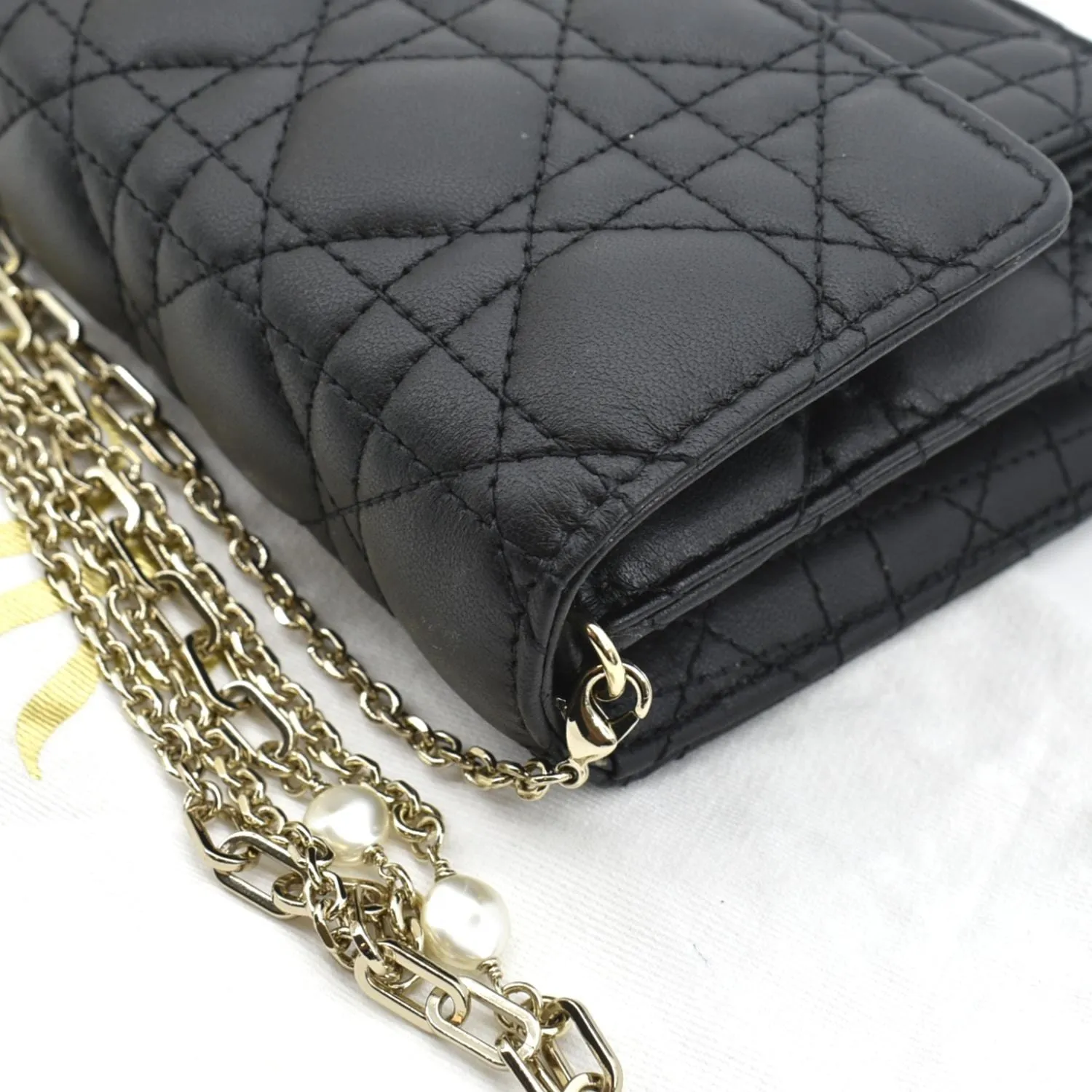 CHRISTIAN DIOR Lady Dior Leather Shoulder Chain Wallet Black