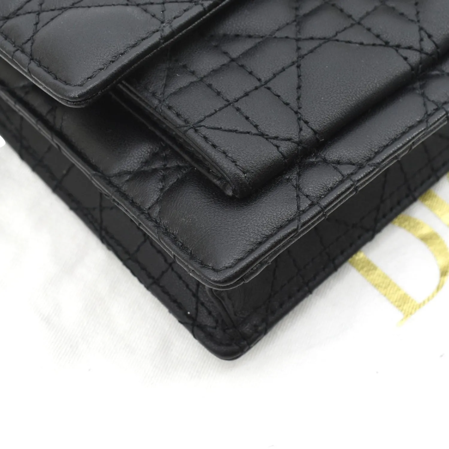 CHRISTIAN DIOR Lady Dior Leather Shoulder Chain Wallet Black