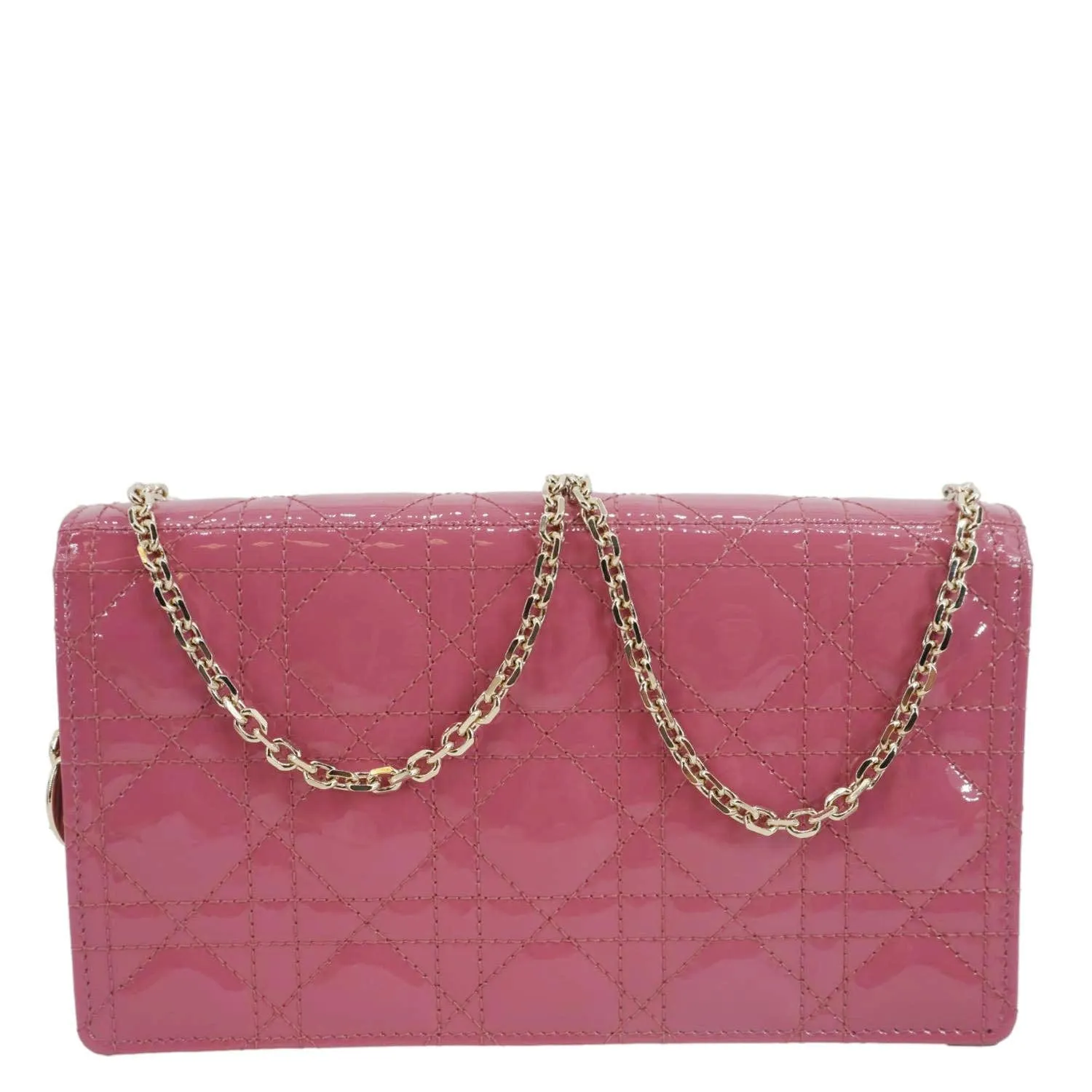 CHRISTIAN DIOR Lady Dior Patent Cannage Leather Chain Pouch Bag Pink