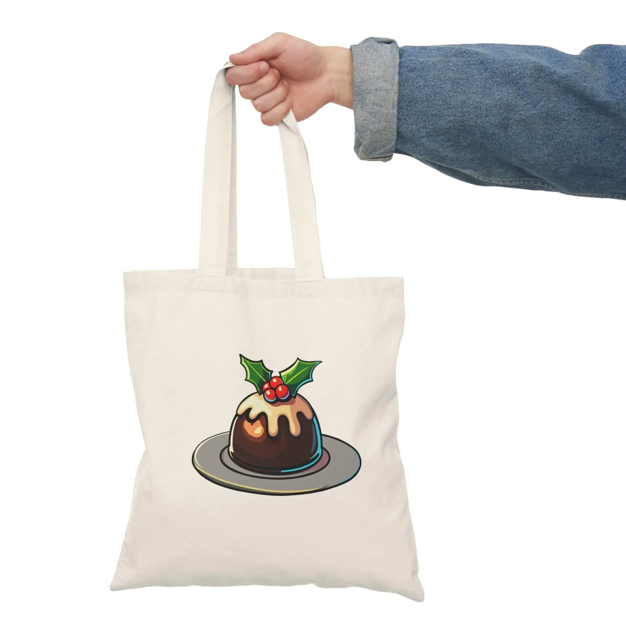 Christmas Pudding Tote Bag – Festive Recycled Cotton Eco Shopper – Holiday Gift Bag with Holly & Icing Design – Cute Xmas Tote
