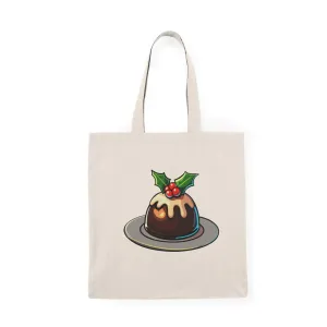 Christmas Pudding Tote Bag – Festive Recycled Cotton Eco Shopper – Holiday Gift Bag with Holly & Icing Design – Cute Xmas Tote