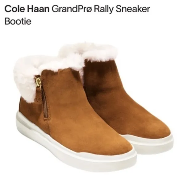 Cole Haan “Grandpro Rally” waterproof brown carmel suede bootie faux shearling