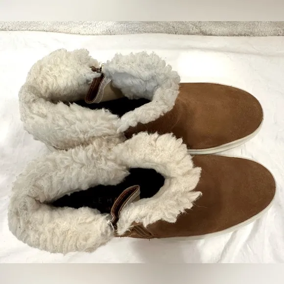 Cole Haan “Grandpro Rally” waterproof brown carmel suede bootie faux shearling