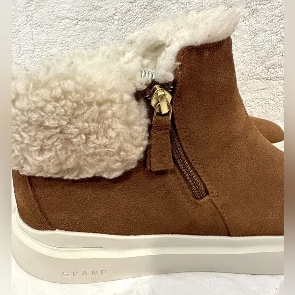 Cole Haan “Grandpro Rally” waterproof brown carmel suede bootie faux shearling