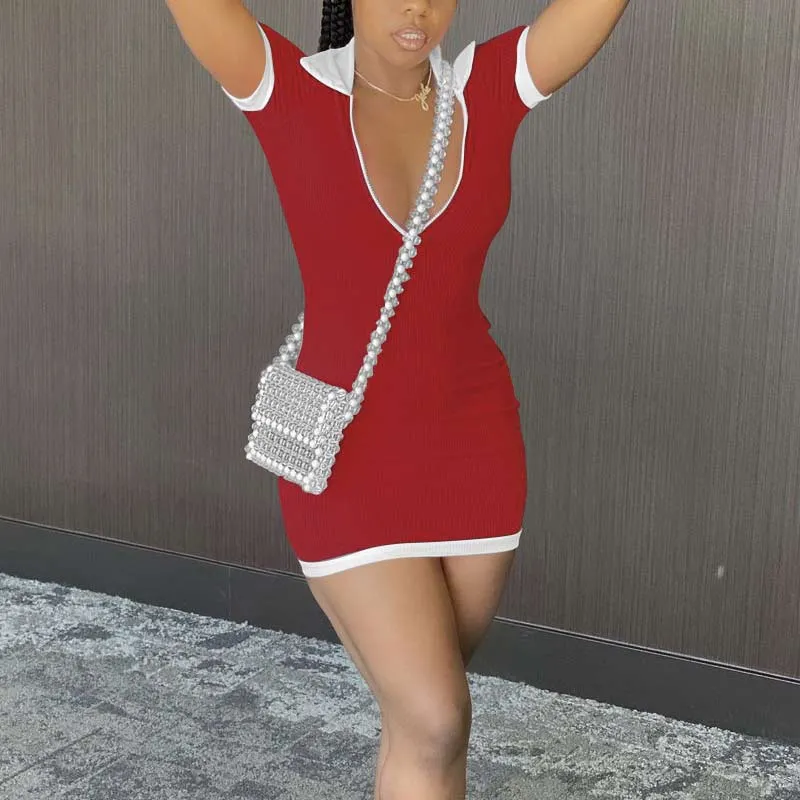 Colorblock Turn Down Neck Zipper Design Bodycon Dress