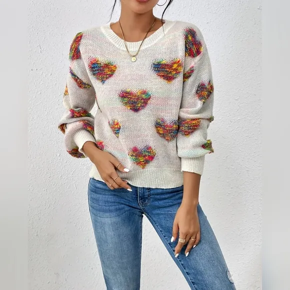 Colorful Love Heart Pattern Crew Neck Warm Cozy Spring Sweater