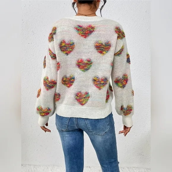 Colorful Love Heart Pattern Crew Neck Warm Cozy Spring Sweater