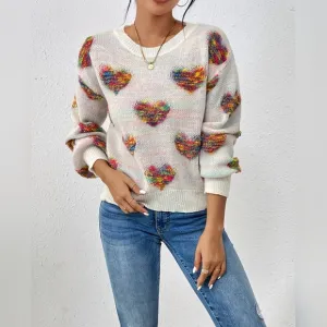 Colorful Love Heart Pattern Crew Neck Warm Cozy Spring Sweater
