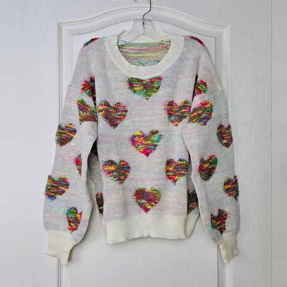 Colorful Love Heart Pattern Crew Neck Warm Cozy Spring Sweater