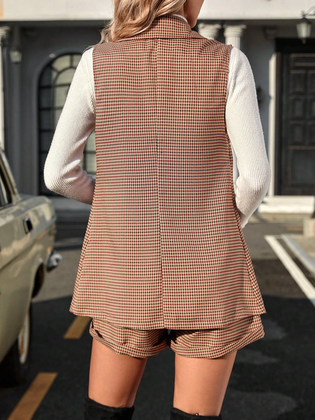 Conjunto De Pantalones Cortos Y Chaleco A Cuadros
