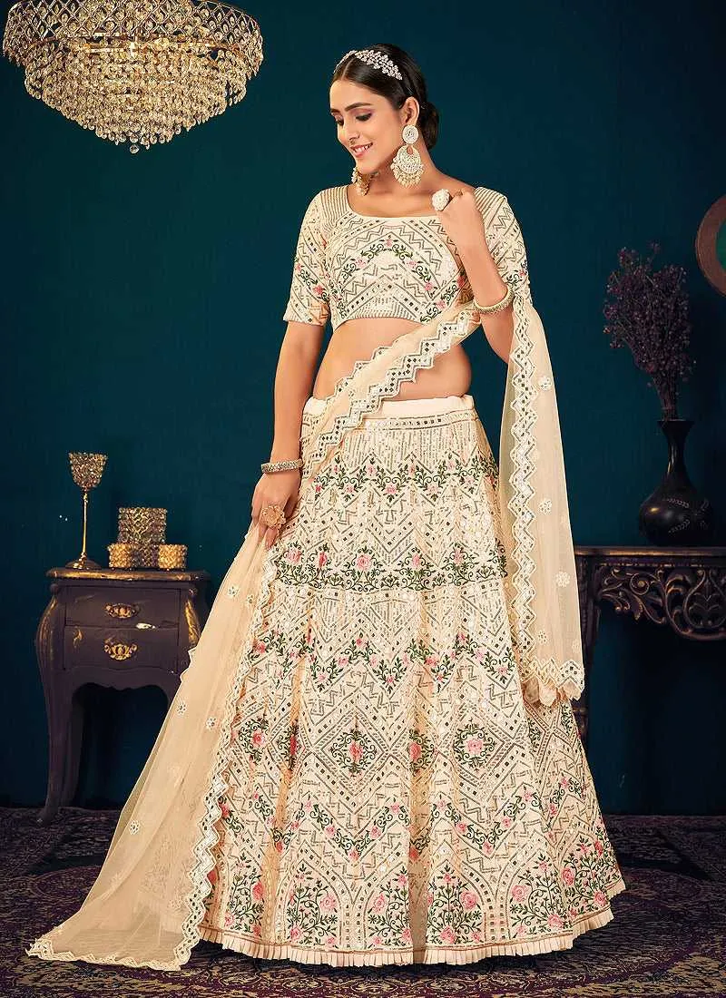 Cream Multicolor Heavy Embroidered Designer Lehenga Choli