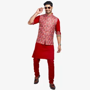 Crimson Red Plain Kurta with Designer Printed Jacket