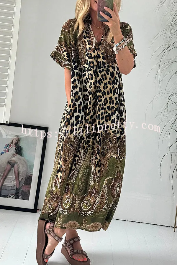 Dalton Paisley Leopard Print Short Sleeve Pocket A-line Midi Dress