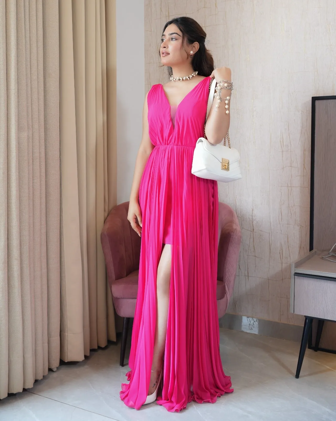Designer Pleated Dress with Thigh Slit