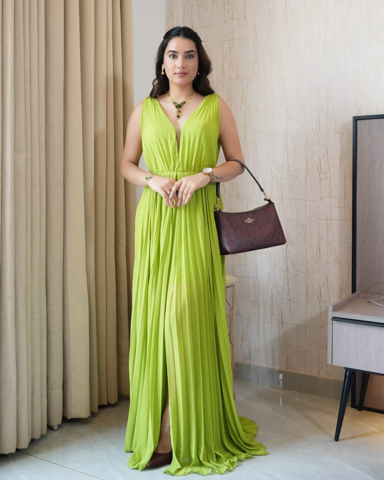 Designer Pleated Dress with Thigh Slit