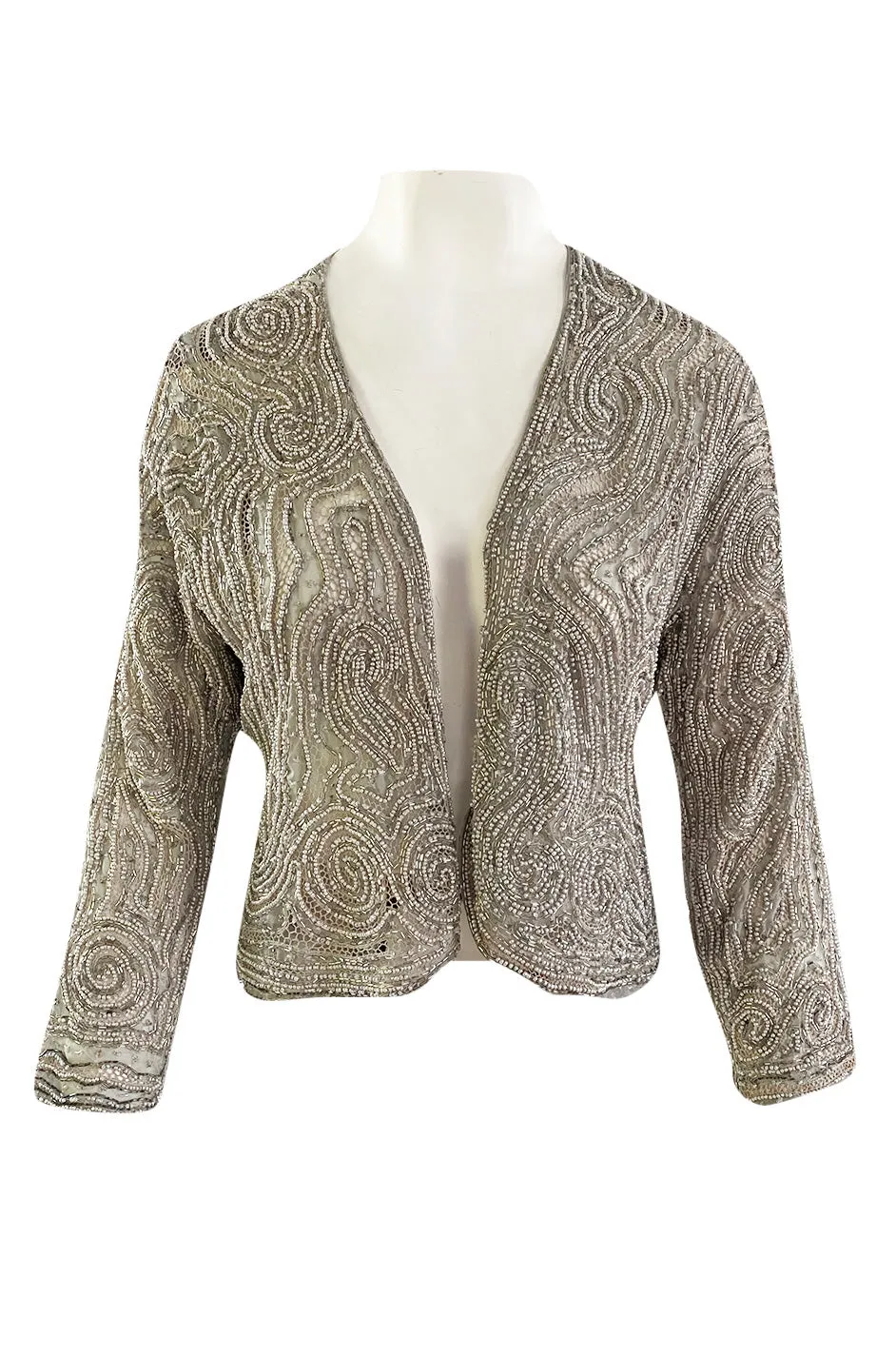 Documented 1981 Halston Silver Beaded & Pearl Grey Silk Net Couture Jacket