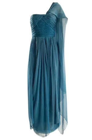 Early 1990s Oscar de la Renta Deep Teal Blue Silk Chiffon Custom Made Dress