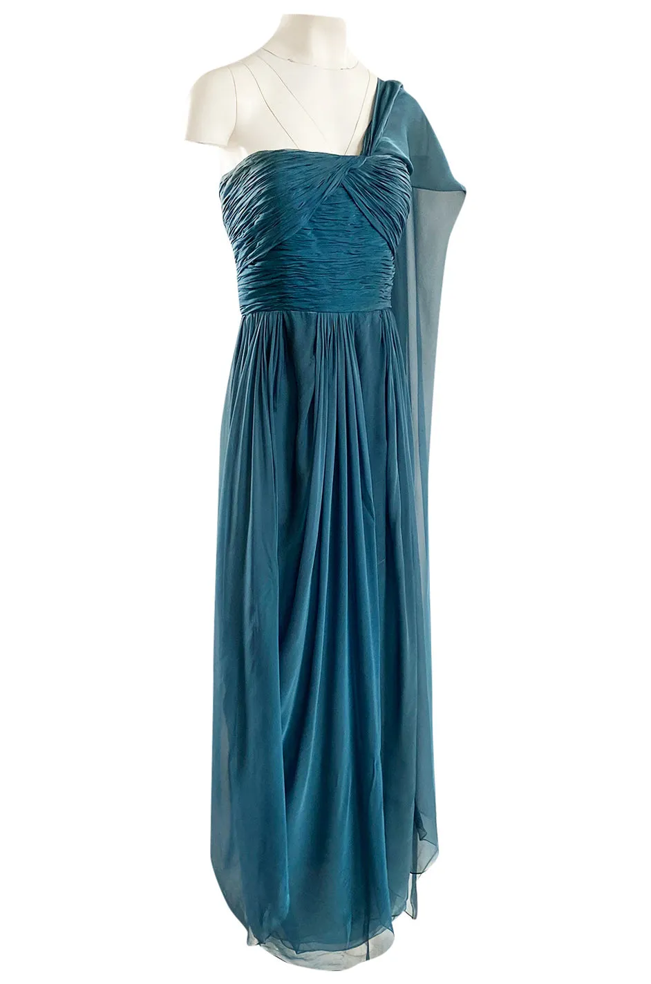 Early 1990s Oscar de la Renta Deep Teal Blue Silk Chiffon Custom Made Dress