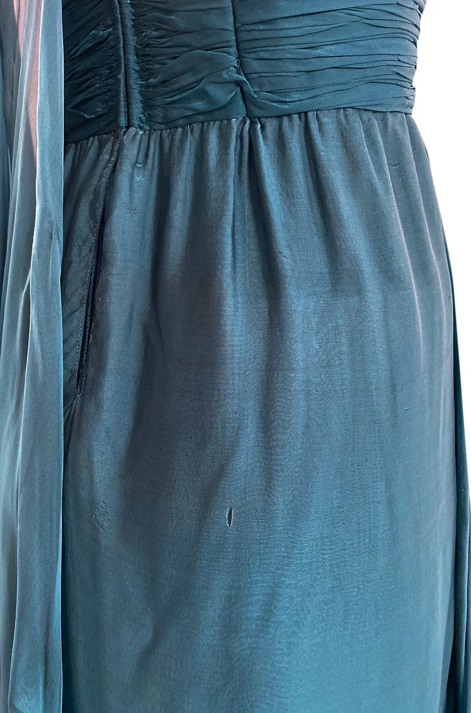 Early 1990s Oscar de la Renta Deep Teal Blue Silk Chiffon Custom Made Dress