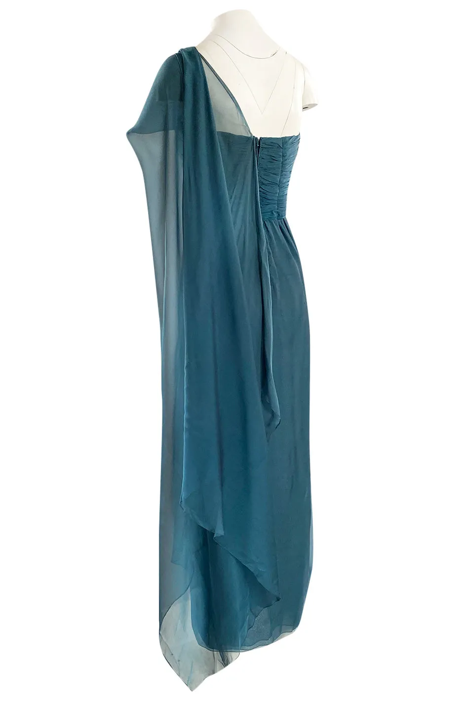 Early 1990s Oscar de la Renta Deep Teal Blue Silk Chiffon Custom Made Dress