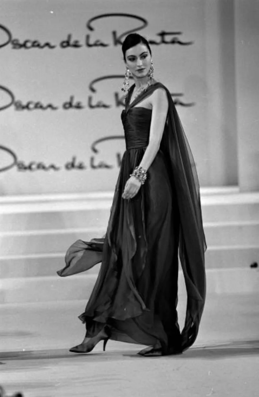 Early 1990s Oscar de la Renta Deep Teal Blue Silk Chiffon Custom Made Dress