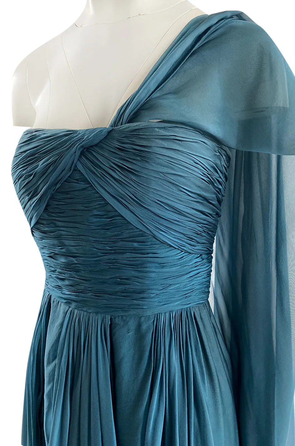 Early 1990s Oscar de la Renta Deep Teal Blue Silk Chiffon Custom Made Dress