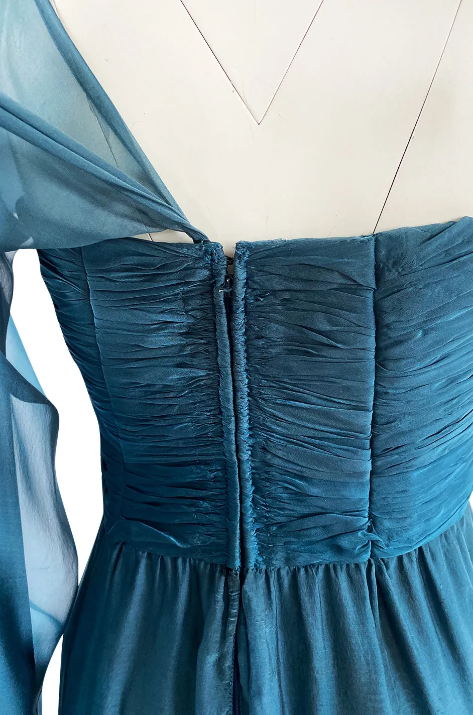 Early 1990s Oscar de la Renta Deep Teal Blue Silk Chiffon Custom Made Dress