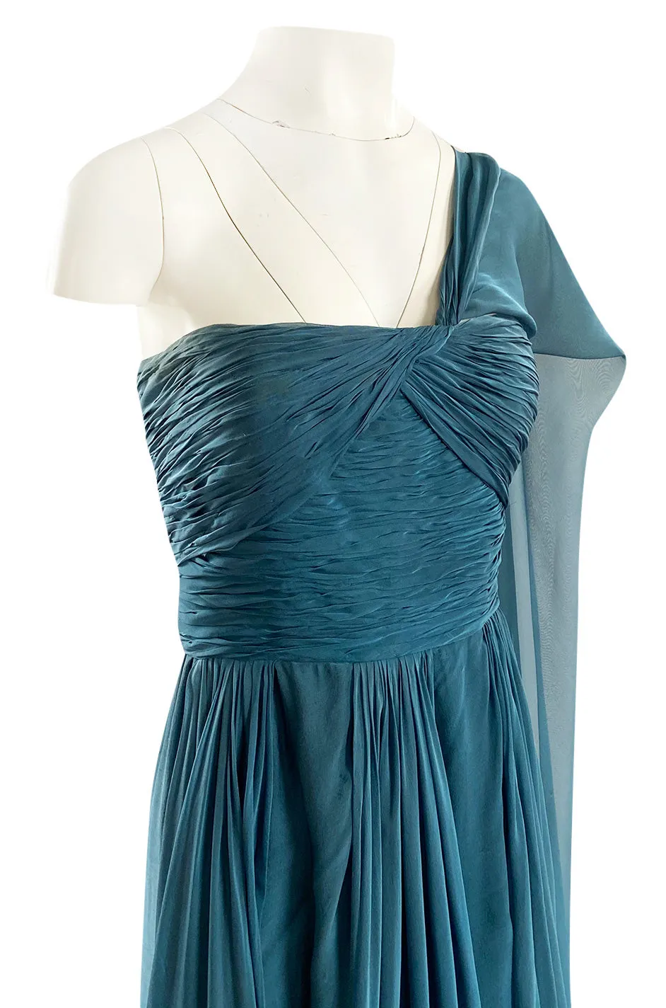 Early 1990s Oscar de la Renta Deep Teal Blue Silk Chiffon Custom Made Dress