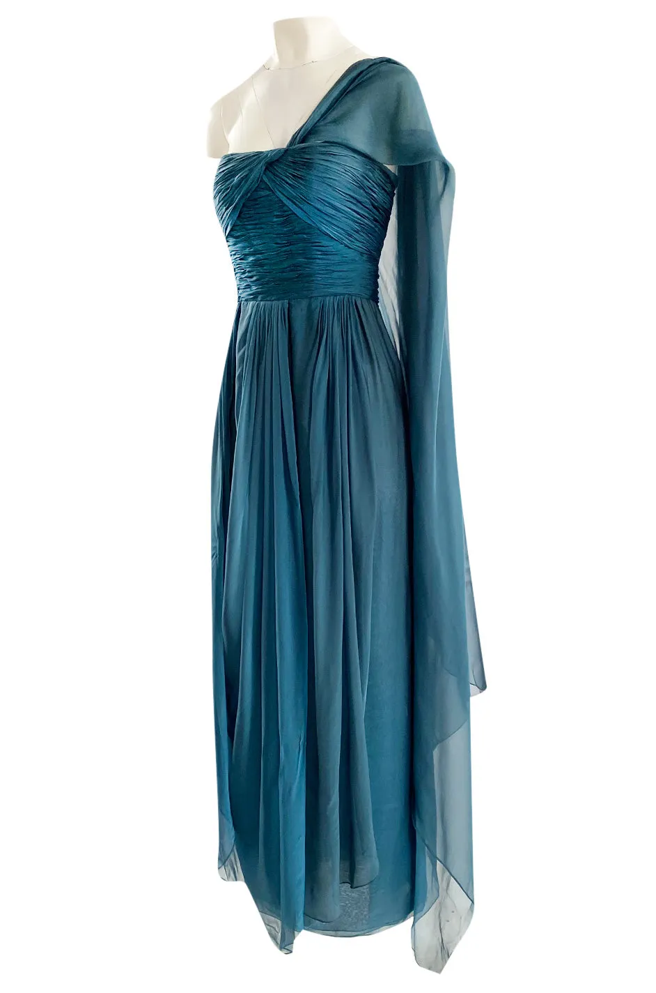 Early 1990s Oscar de la Renta Deep Teal Blue Silk Chiffon Custom Made Dress