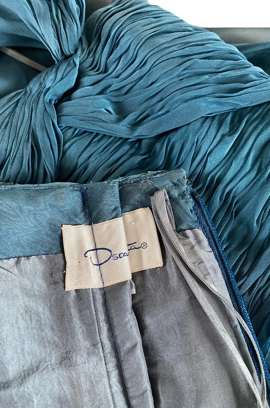 Early 1990s Oscar de la Renta Deep Teal Blue Silk Chiffon Custom Made Dress