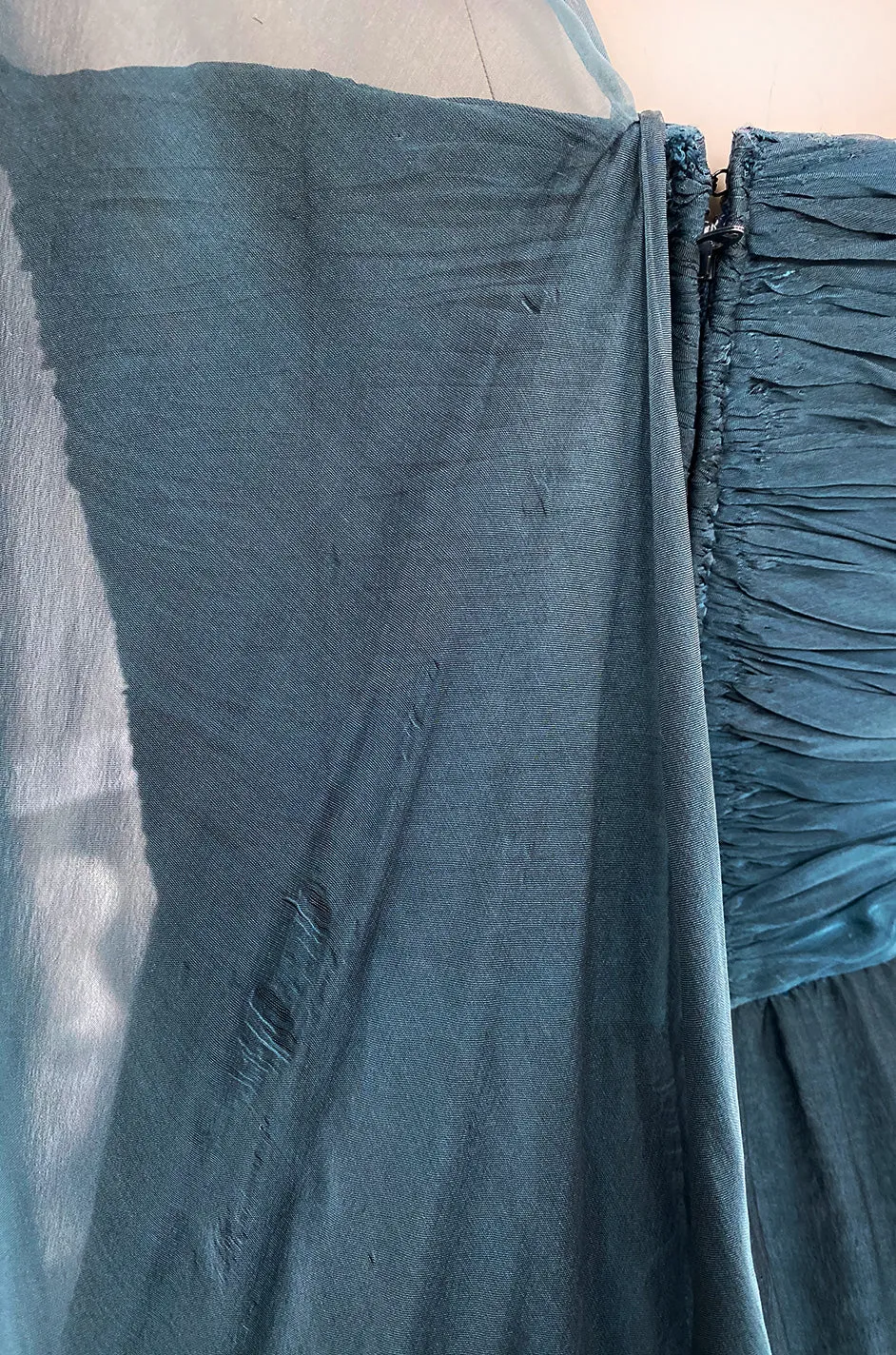 Early 1990s Oscar de la Renta Deep Teal Blue Silk Chiffon Custom Made Dress