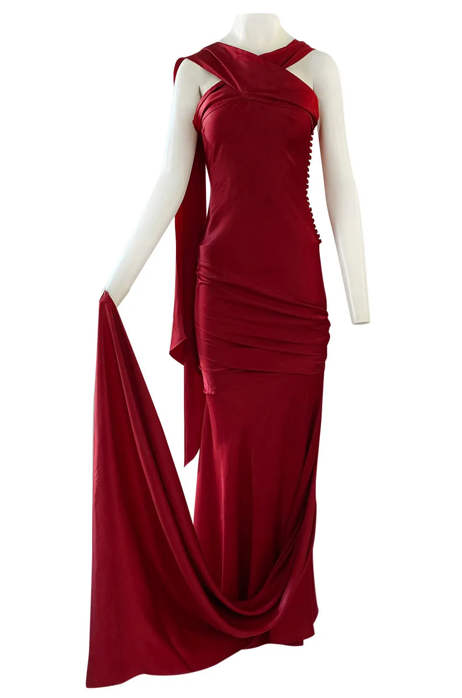 Early 2000s Dior Christian Dior by John Galliano Deep Red Satin Finish Bias Cut Dress w Extended Panel
