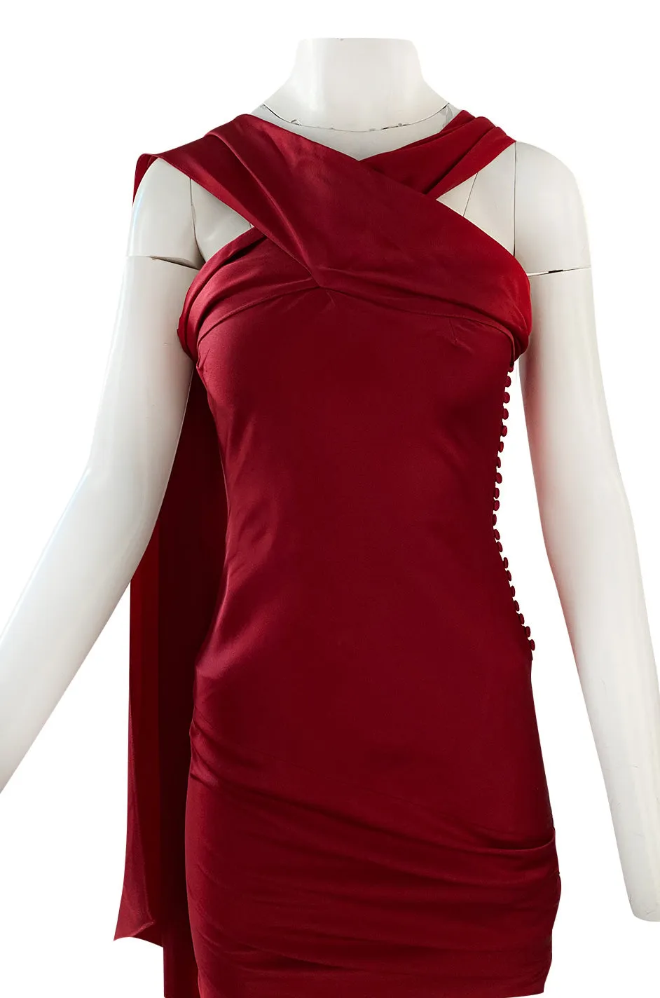 Early 2000s Dior Christian Dior by John Galliano Deep Red Satin Finish Bias Cut Dress w Extended Panel
