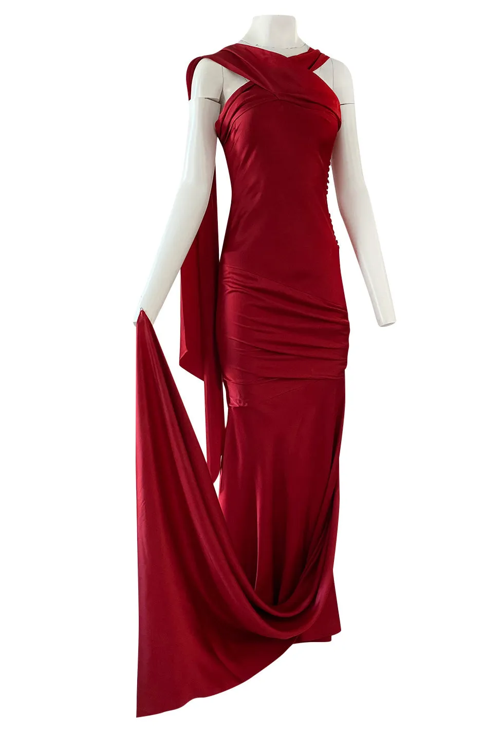 Early 2000s Dior Christian Dior by John Galliano Deep Red Satin Finish Bias Cut Dress w Extended Panel