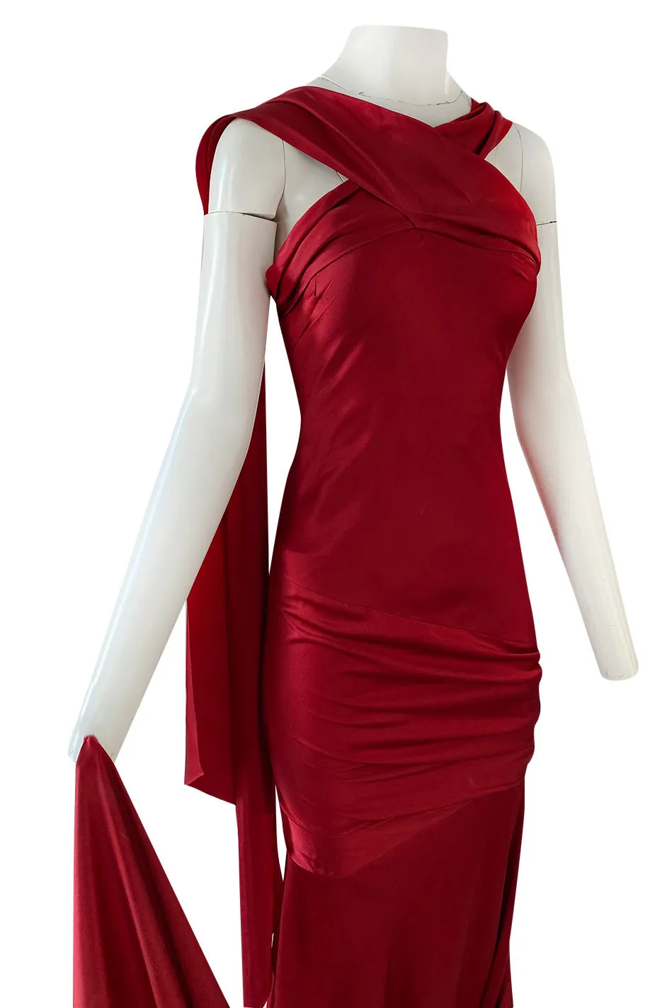 Early 2000s Dior Christian Dior by John Galliano Deep Red Satin Finish Bias Cut Dress w Extended Panel