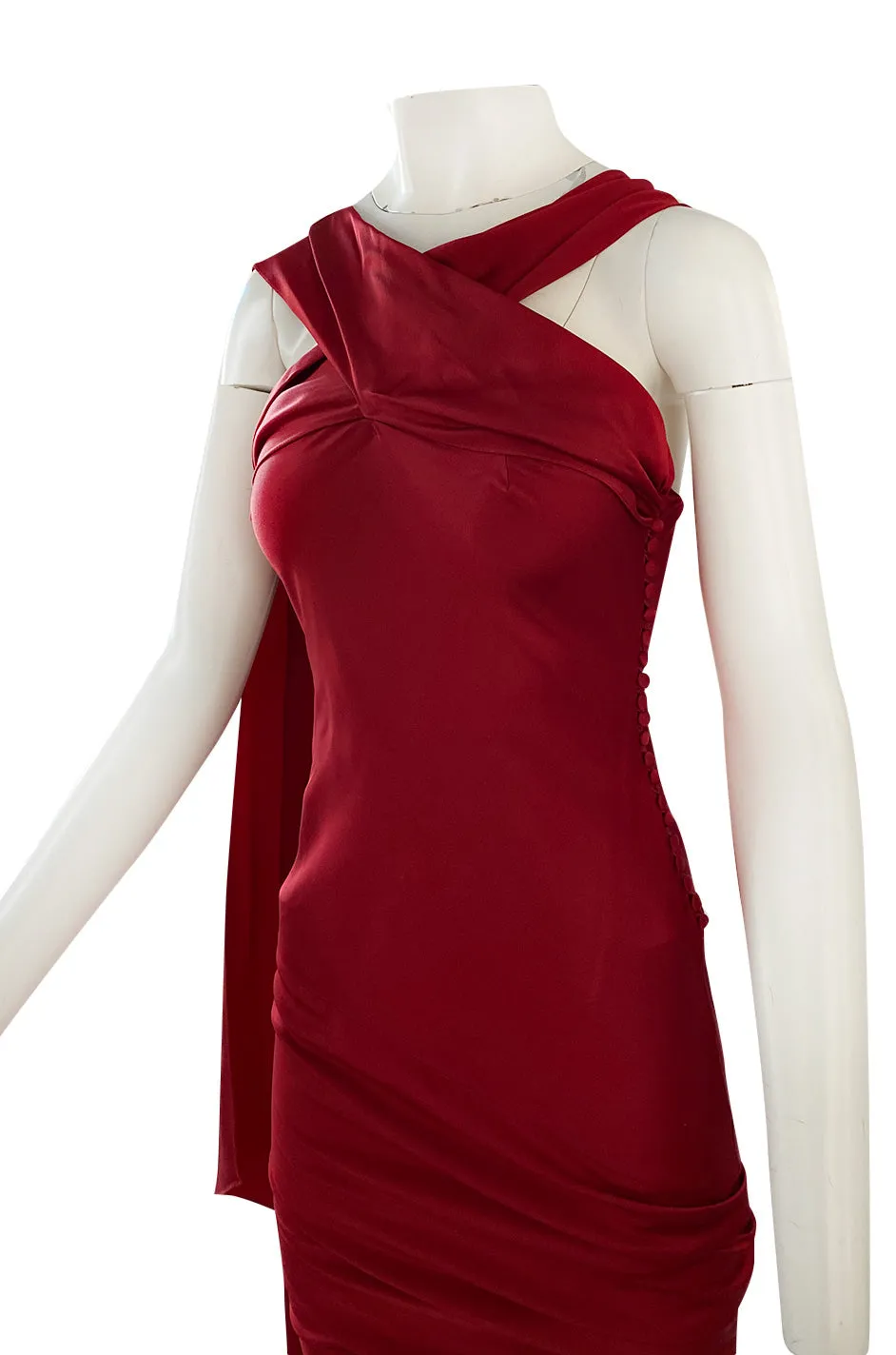 Early 2000s Dior Christian Dior by John Galliano Deep Red Satin Finish Bias Cut Dress w Extended Panel