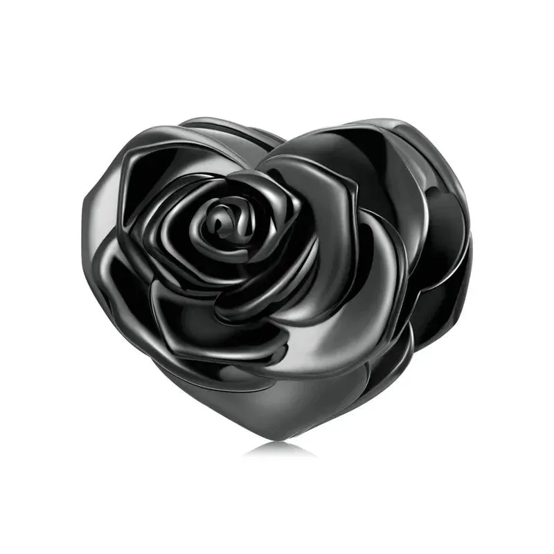 Elegant Black Rose Bead Heart Charm