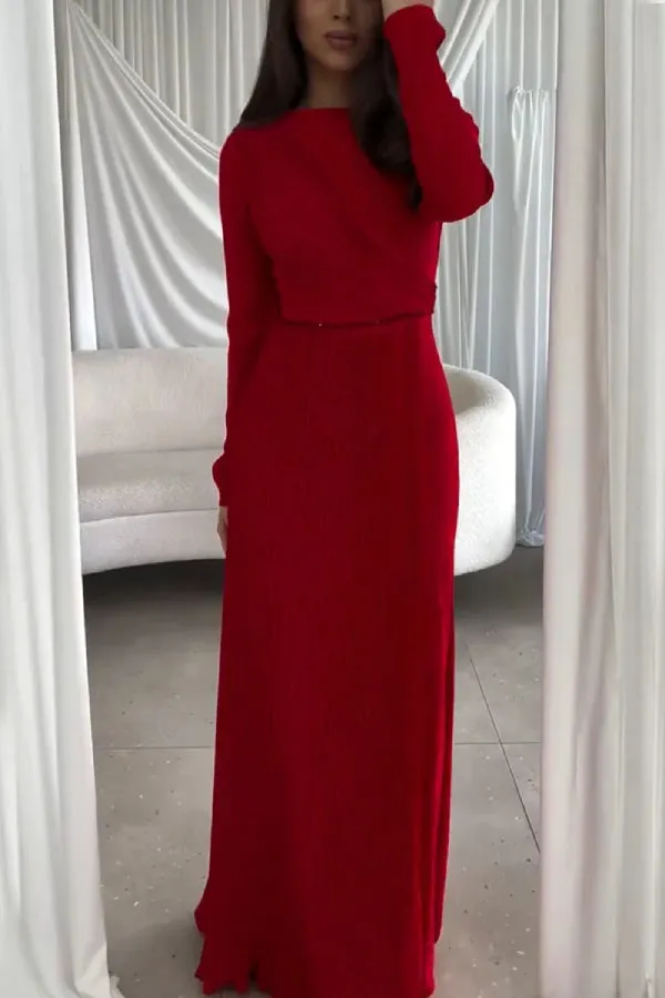 Elegant Bright Red Pleated Slim Dress