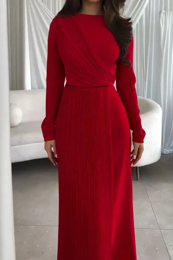 Elegant Bright Red Pleated Slim Dress