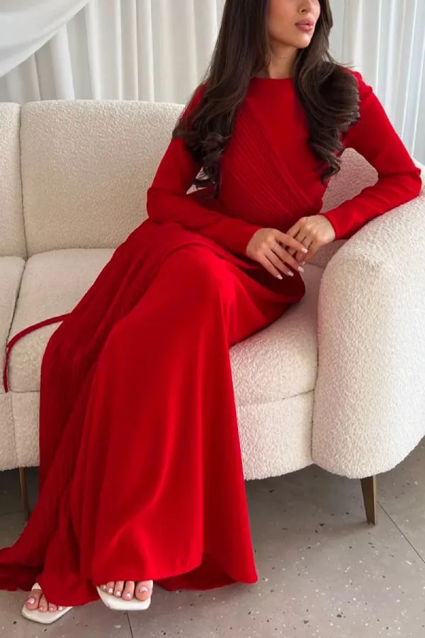 Elegant Bright Red Pleated Slim Dress