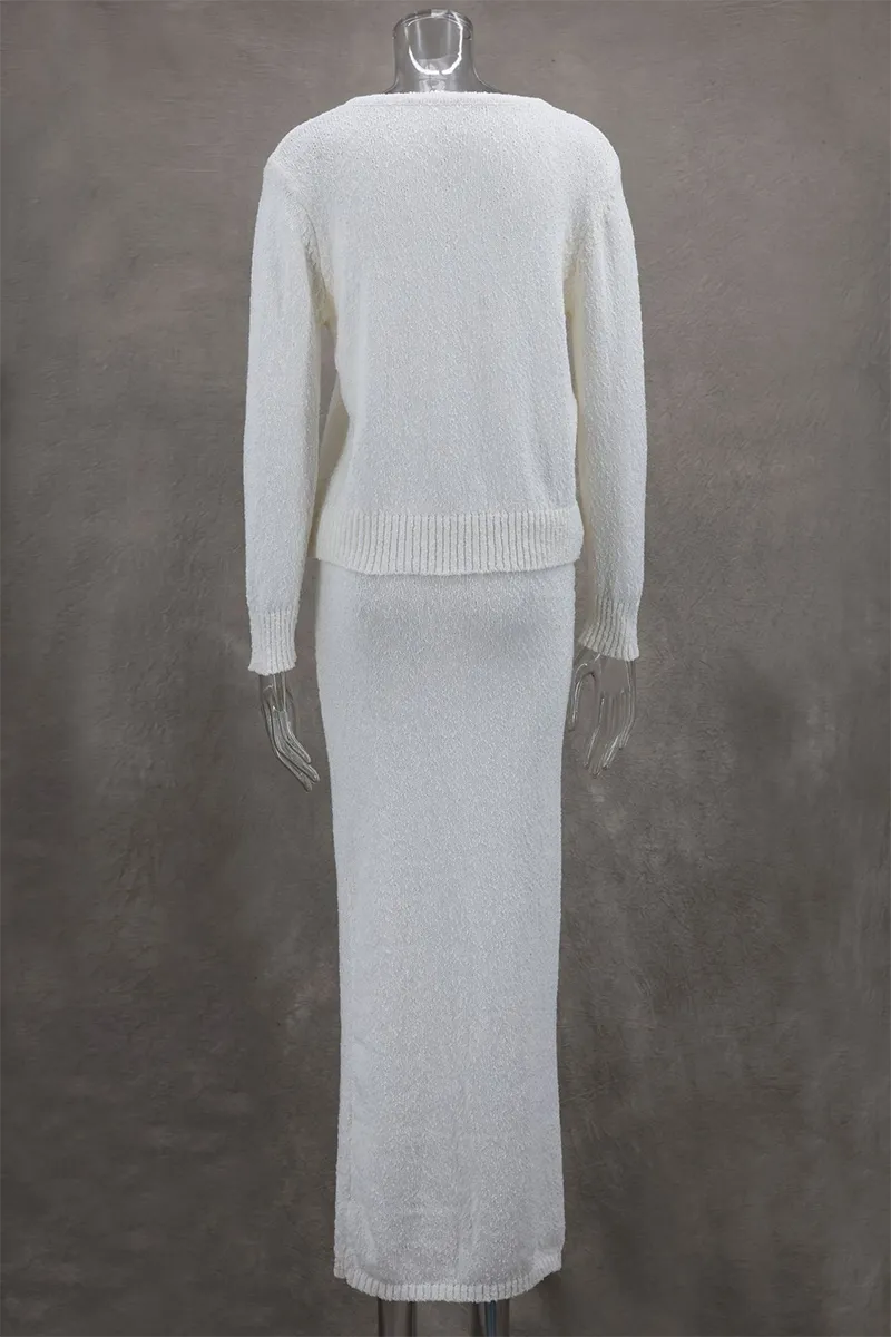 Elegant Buttons Weave O Neck Long Sleeve Two Pieces