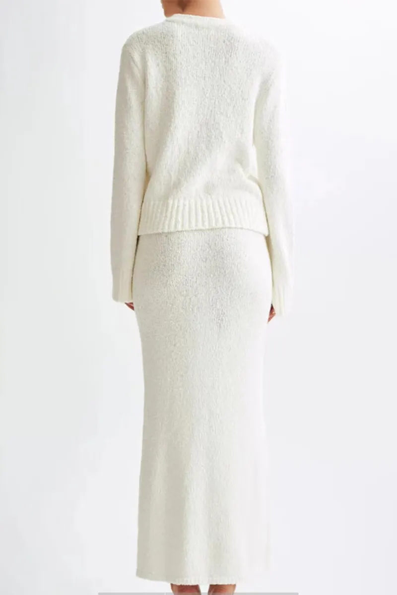 Elegant Buttons Weave O Neck Long Sleeve Two Pieces